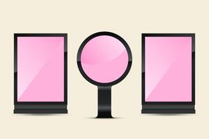 Three differrent circular and rectangles digital screens with a glossy pink surface, encased in a sleek black frame. It is mounted on a black stand, giving it the appearances. vector
