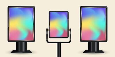 Set of three different Outdoor Led Screens Mockup Digital Stand Signage LED Display Mockup with Digital Stand, and three Outdoor Large LED Screens Mock up with black realistic stand. vector