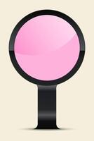 displays a modern, circular digital screen with a glossy pink surface, encased in a sleek black frame. It is mounted on a black stand, giving it the appearance of a futuristic information display. vector