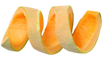 closeup of cantaloupe melon peel curl with vibrant orange texture and isolated background png