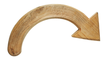smooth curved wooden arrow with light natural grain texture on isolated background for design and signage png