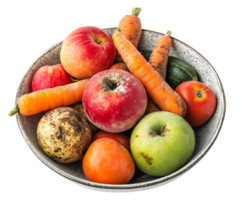 bowl of mixed spoiled fruits and vegetables isolated background featuring apples carrots tomatoes and potatoes with visible decay png