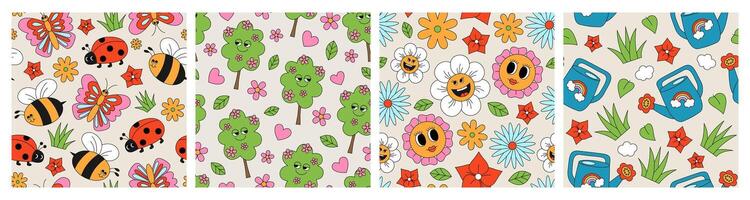 Retro groovy spring seamless patterns set. Vintage collection with insects, blossom trees, flowers and watering can on beige background. Cartoon illustration for wallpaper, textile, packaging vector