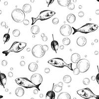 Cute fish with float and bubbles in marine theme. Graphic illustration line art in black and white monochrome, hand drawn with ink. Seamless simple pattern vector