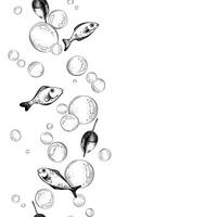 Cute fish with float and bubbles in marine theme. Graphic illustration line art in black and white monochrome, hand drawn with ink. Seamless border vertical pattern. vector