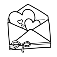 Illustration of an open envelope outline, tied with a bow at the bottom and hearts nested inside png