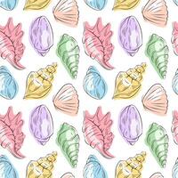 Seamless seashell pattern with shells in flat style. Hand drawn summer sea themed design for textile, wrapping, card, background. vector