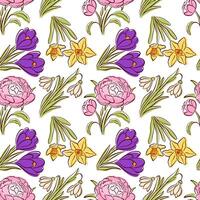 Seamless floral pattern with peony, crocus, daffodil and snowdrop in flat style. Hand drawn spring design for fabric, wallpaper, gift wrapping and botanical theme. vector