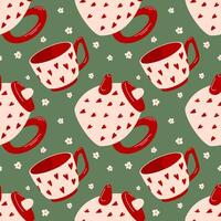 Seamless pattern with teapot and cup with red heart and daisy on green background in flat style. Perfect for home decor, textile and kitchen towel design. vector