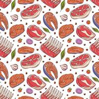 Seamless pattern with meat steak and fish cut, herbs, and vegetable in flat style. Perfect for culinary design, packaging, background, menu and kitchen theme. vector