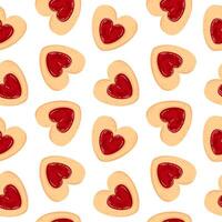 Seamless pattern with heart shaped cookie with strawberry jam in cartoon style. Love symbol of linzer cookie for Valentine Day holiday for bakery design background, wrapping paper. vector