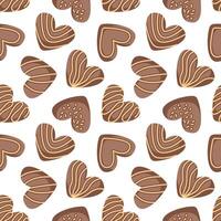 Seamless pattern of heart shaped chocolate candy in mocha mousse color on a white background. Ideal for Valentine Day, confectionery theme, packaging or festive textile design. vector