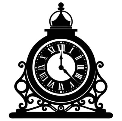 A black and white silhouette of a clock on a white background