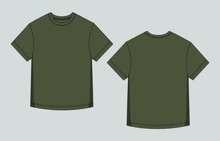 Short sleeve Green color t shirt front and back views isolated on grey background vector