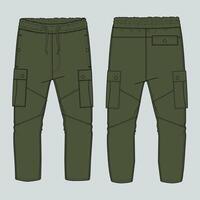 Green Color cargo sweatpants with cut and sew and pocket front and back views vector