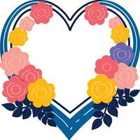 Floral Heart Frame Colorful Roses, Blue Lines, Spring Design vector