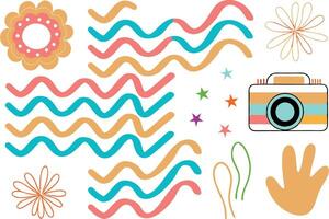 Colorful Waves, Flowers, Camera, and Hand Artistic Design Elements vector