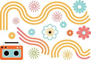 Retro Boombox, Flowers, and Wavy Lines 70s Style Graphic Design vector