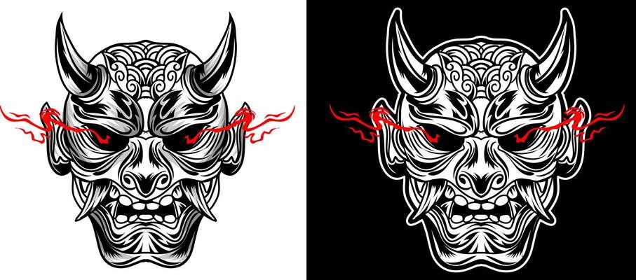 Oni mask Japanese illustration in black and white and red
