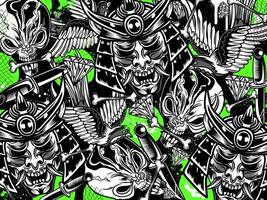 Graffiti Tattoo Background in monochrome objects and neon green background vector