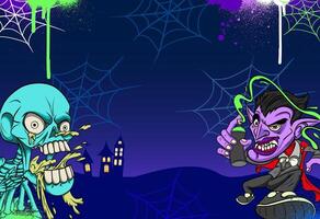 Zombie Dracula and Skeleton Halloween background in graffiti style vector