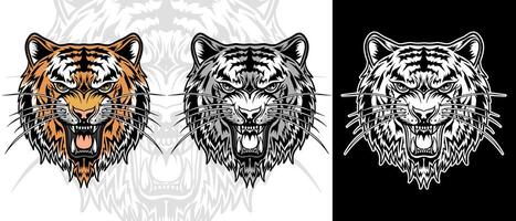 Tiger illustration. Isolated tiger head roaring pose with color, black and white version. vector