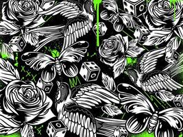 Graffiti Tattoo Background illustration with butterfly, roses, dice, bird and splatter effect in green neon theme and monochrome objects vector