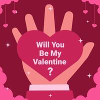 Will you be my Valentine illustration background with hand and heart shape on it and pink cloud around it vector