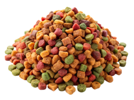 Pile of multicolored pet food kibble in shades of green, red, and yellow. Varied shapes and textures emphasize nutrition and variety for pets png
