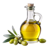 A glass bottle filled with golden olive oil, adorned with fresh green olives and leaves, suggesting freshness and Mediterranean flavor png