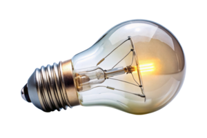 A lit lightbulb with a soft, warm glow, showcasing a traditional filament inside clear glass, emanating an inviting, nostalgic light png