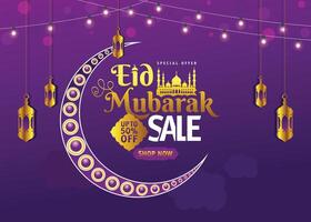 Eid Mubarak sale with 50 percent off discount, web header or banner design with crescent moon , lights on purple background. vector