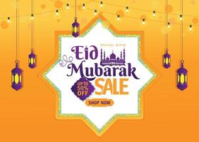 Eid sale with 50 percent off discount, web header or banner design with crescent moon , lights on yellow background. vector