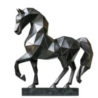 Black geometric horse statue, constructed from sharp angular facets, conveying a sleek, abstract aesthetic and powerful stance png