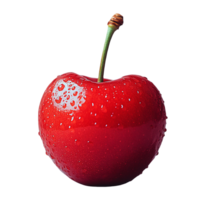 A close-up of a single red cherry with water droplets, showcasing its rich color and inviting, ripe texture png