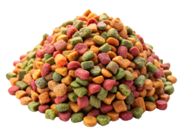 Pile of colorful pet kibble with vibrant hues. The diversity in size and color highlights a balanced and appealing meal for animals png