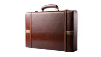 Dark brown leather briefcase with polished handle and brass accents. Its sleek design conveys sophistication, professionalism, and timeless style png