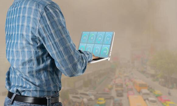 PM2.5 dust pollution checking dust conditions with a computer photo