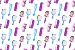 Hair Brushes pattern. A collection of various hairbrushes and combs in purple and blue tones, designed for hairstyling and beauty-related illustration vector