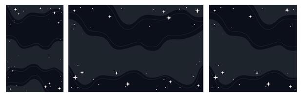 Stylized Magic Black Night Sky with Flowing Wavy Patterns and Shining Stars. Set of Wide, Square and Vertical Formats vector
