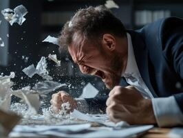 A man in a suit is screaming and throwing papers photo