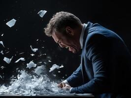 A man in a suit is throwing papers out of a table photo