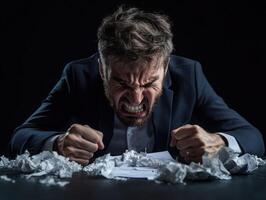 Angry businessman with paper on the table photo