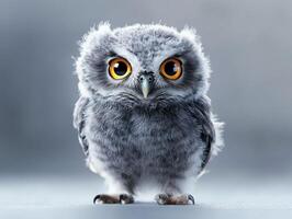 An owl with big eyes standing on a gray background photo