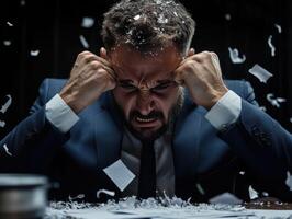 A man in a suit is holding his head while surrounded by shredded paper photo