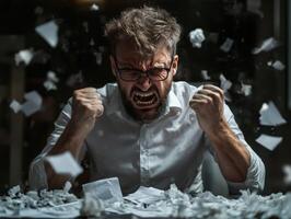 A man in glasses is screaming and throwing papers photo