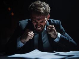 A man in a suit is yelling at something photo