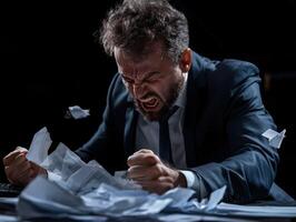 A man in a suit is yelling at a pile of papers photo