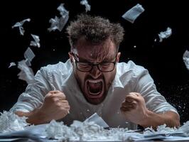 A man with glasses and a white shirt is screaming photo