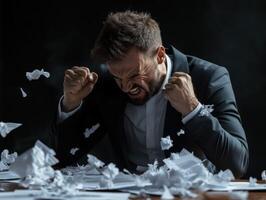A man in a suit is screaming and throwing papers photo